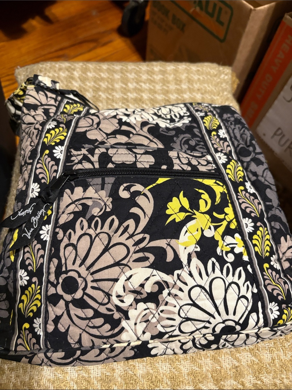 Vera Bradley Black Taupe and Yellow Floral Quilted Crossbody Bag